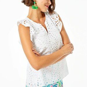 NWT Lilly Pulitzer FAUN TOP Resort White Large Petal EYELET Blouse sz XS